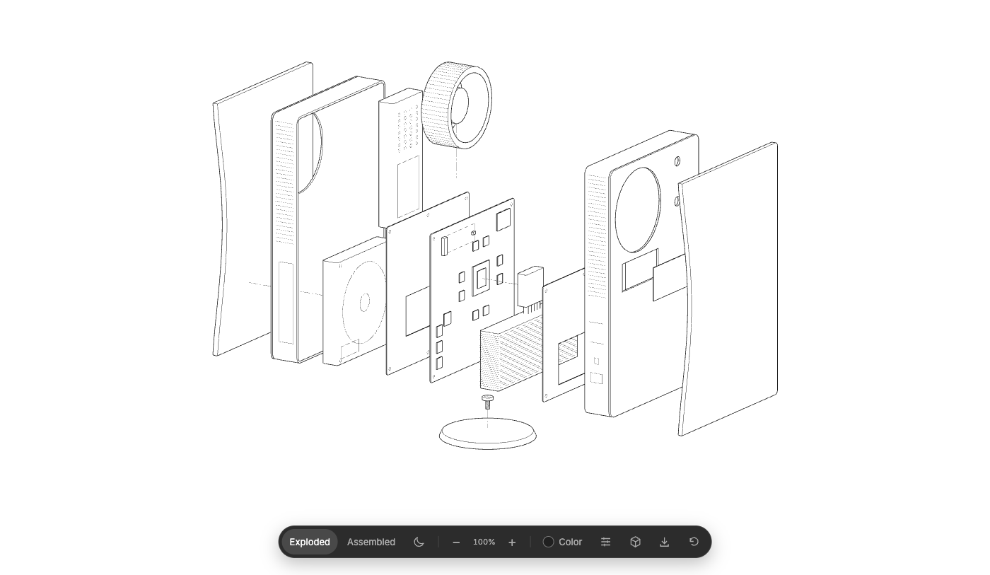 The Skillshed run's viewer: an exploded line drawing of the PS5 with a control bar at the bottom